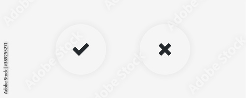 Checkmark and X - mark icons. UI / UX icons for applications and websites. Round buttons checkmark and X - mark grays colors with light shadow isolated on light background. Vector illustration EPS10