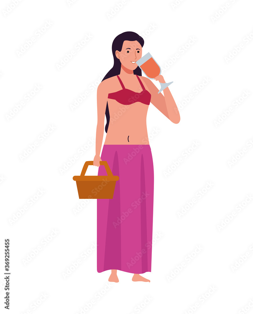 young woman wearing swimsuit with basket drinking cocktail character young woman wearing swimsuit with basket drinking cocktail character