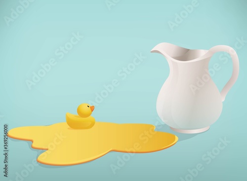 Vector illustration of a white ceramic jug and yellow runbber duck swimming in a juice puddle