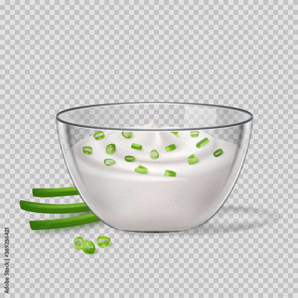 Sour cream sauce and green onion flavor, in glass transparent bowl, tartar, yogurt, mayonnaise. Tasty food. Sour cream sauce and green onion flavor, in glass transparent bowl, tartar, yogurt, mayonnaise. Tasty food.