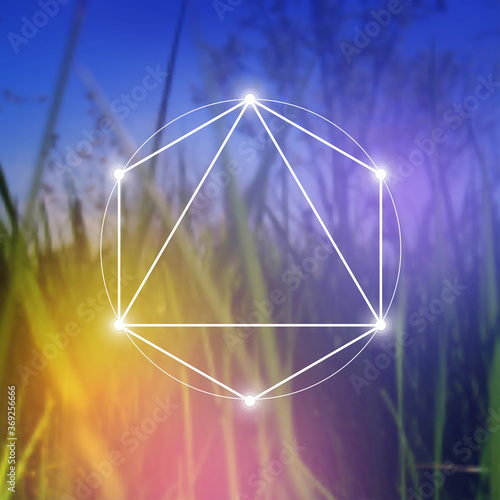 Merkaba sacred geometry spiritual new age futuristic illustration with interlocking circles, triangles and glowing particles in front of blurry natural photographic background