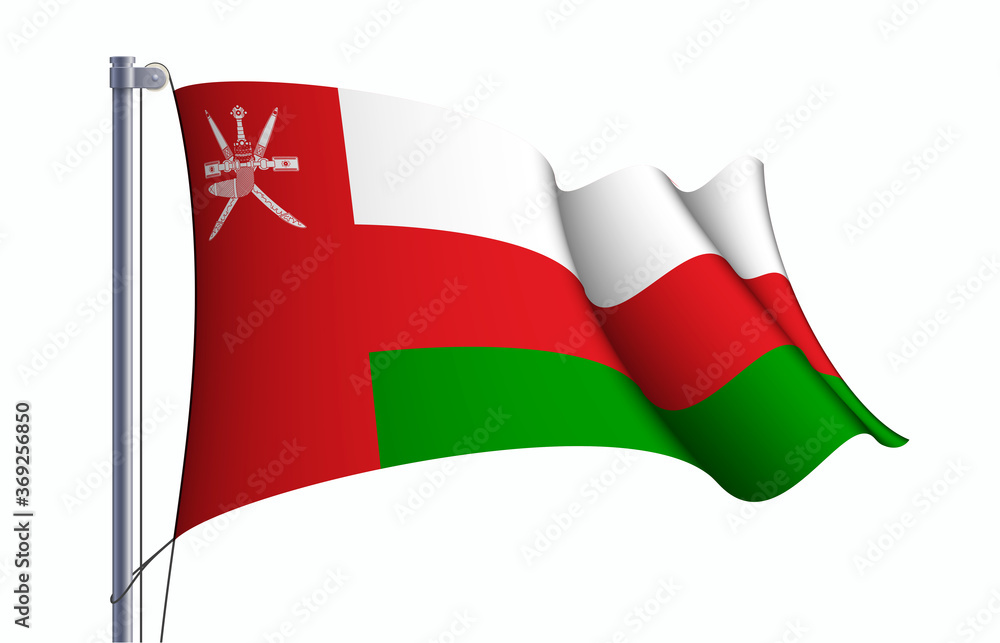 Oman flag state symbol isolated on background national banner. Greeting card National Independence Day of the Sultanate of Oman. Illustration banner with realistic state flag.