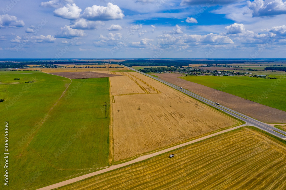 Yellow fields with wheat, green fields with grass and blue sky of the Republic of Belarus.