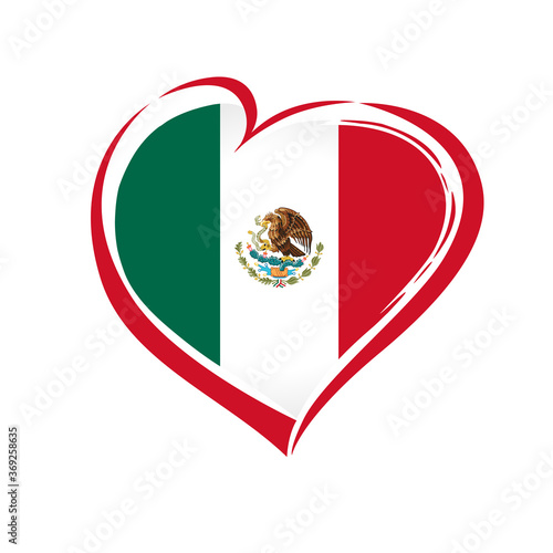 Love Mexico emblem colored. Independence day of United Mexican States vector background with red heart in national Mexican flag colors