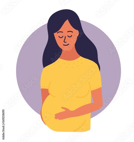 Happy pregnant woman touching her belly. the joy of motherhood, excitement in 3rd trimester of pregnancy. approaching childbirth. Cartoon vector illustration isolated on white.