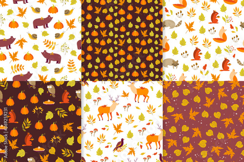 Seamless pattern with Autumn characters, plants and leaves
