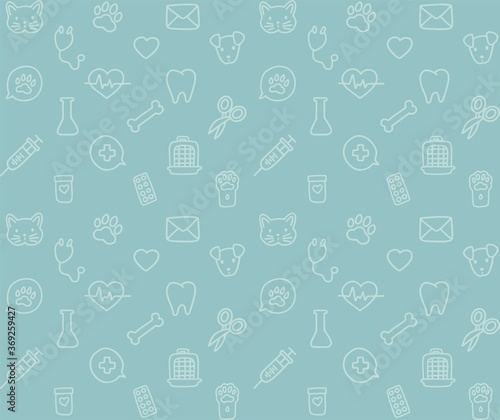 Vector linear seamless pattern, hand drawn icons, doodle design. Cat, dog, bone, paw and other symbols. Concept for pet shops or veterinary clinics, isolated on blue background