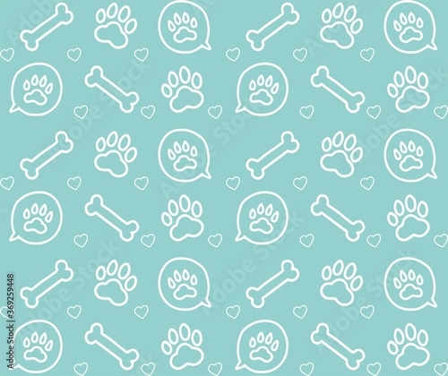 Vector linear seamless pattern, hand drawn icons, doodle design. Bone and paw symbols. Concept for pet shops or veterinary clinics, isolated on blue background