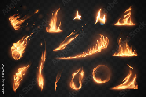 Set of fire flames elements on transparent background Fototapet