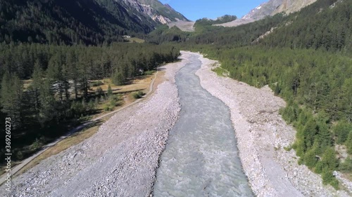Aerial view of Dora  river, Val Veny, Italy