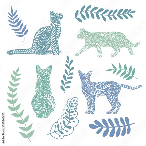 Fototapeta Naklejka Na Ścianę i Meble -  Vector flat line set of stickers or temporary tattoos. Different cat poses and breeds with ornament and leaves, isolated on white background