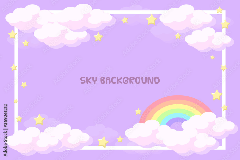 Purple cloudy sky abstract background with stars and rainbow. Girl fantasy nursery background wallpaper. Flat style vector.