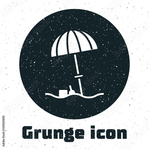 Grunge Sun protective umbrella for beach icon isolated on white background. Large parasol for outdoor space. Beach umbrella. Monochrome vintage drawing. Vector Illustration.
