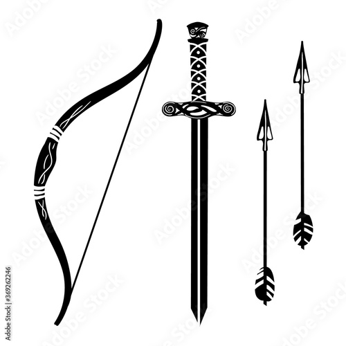 Set weapons black silhouette bow, arrow, sword