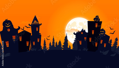 Halloween 2020. City panorama in halloween style. Scary halloween isolated background. Orange and yellow background. Vector illustration.