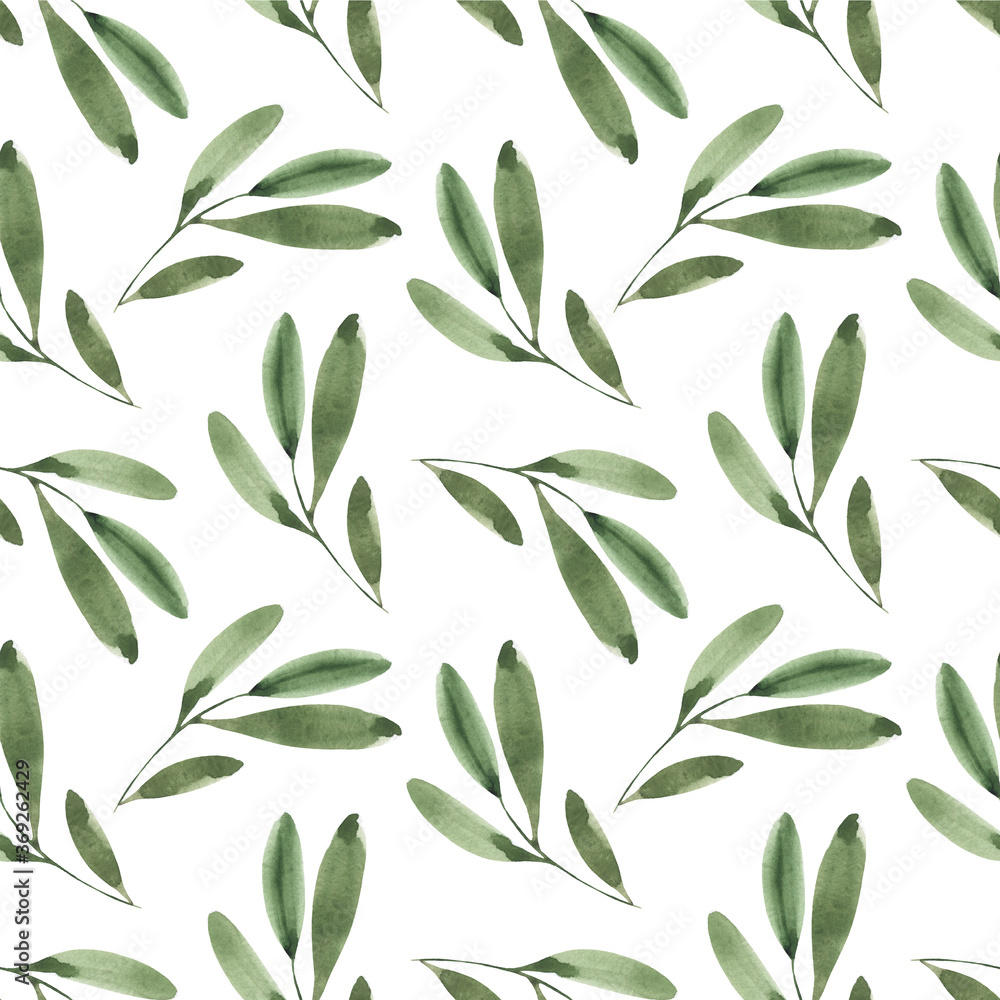 Seamless watercolor pattern with green twigs. Use for printing, wallpaper, textiles, cover, packaging.