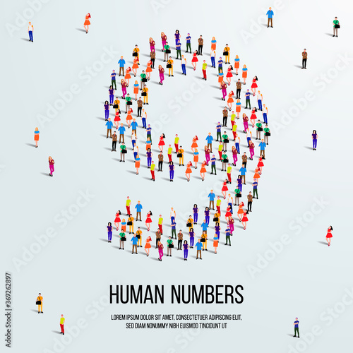 large group of people form to create number 9 or nine. people font or number. vector illustration of number 9.