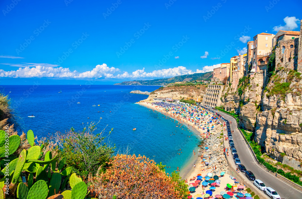 High view of Tropea town and Tyrrhenian Sea beach,Tropea, Calabria, Italy.