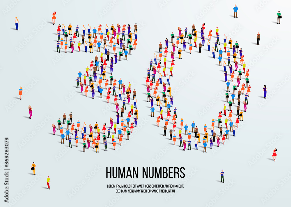 large group of people form to create number 30 or thirty. people font or number. vector illustration of number 30. large group of people form to create number 30 or thirty. people font or number. vector illustration of number 30.