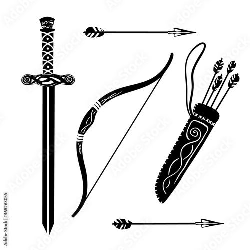 Vector black silhouette bow, arrow, quiver, sword