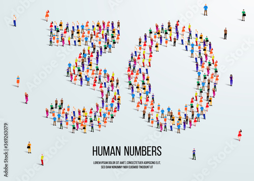 large group of people form to create number 30 or thirty. people font or number. vector illustration of number 30.
