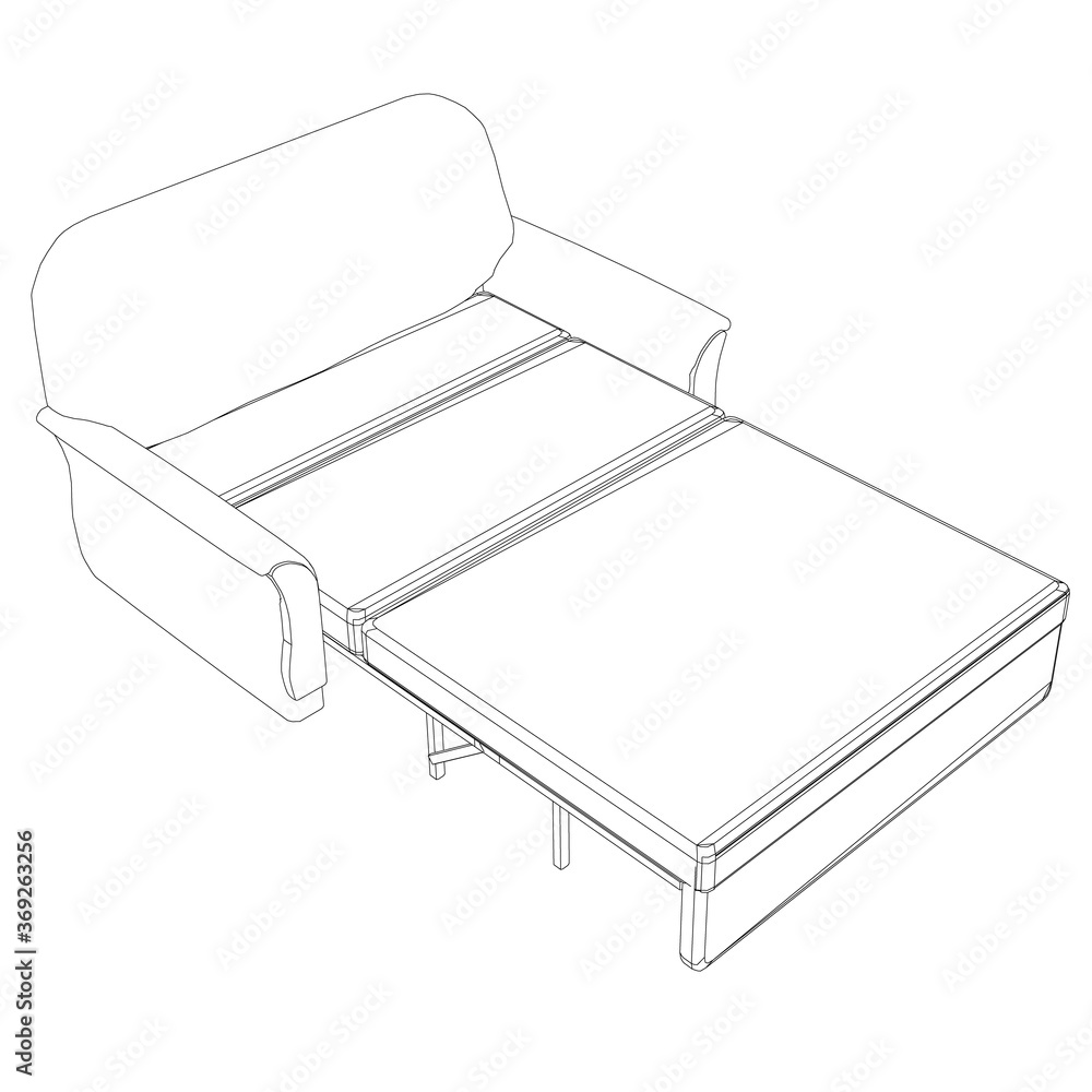 Contour of a folding sofa made of black lines on a white background. Isometric view. Vector illustration Contour of a folding sofa made of black lines on a white background. Isometric view. Vector illustration