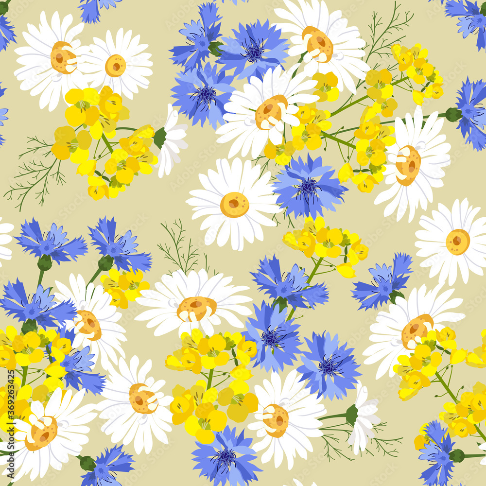 Vector seamless colorful illustration with cornflowers and chamomile on beige background.
