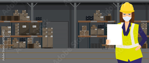 Woman at warehouse holding white empty blank paper showing regulations for new working session. Flat and solid color vector illustration.