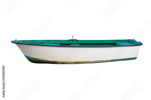 green wooden fishing boat isolated on white background.