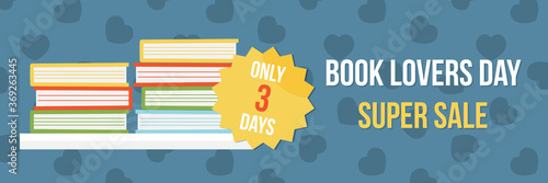 Vector wide horizontal banner template, illustration for National Book Lovers Day sale.