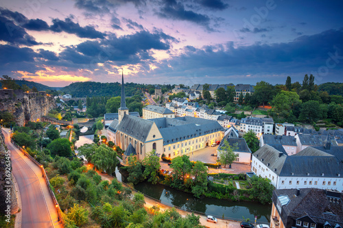 Luxembourg City. Aerial cityscape image of old town Luxembourg during beautiful summer sunrise.