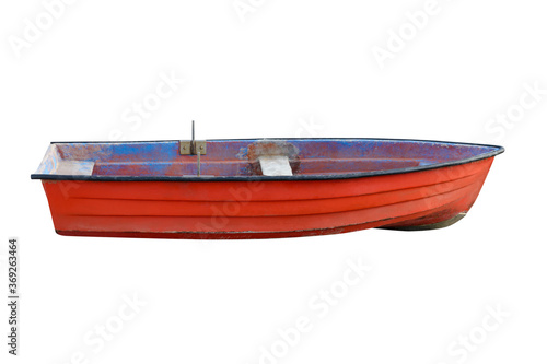 red wooden fishing boat isolated on white background.