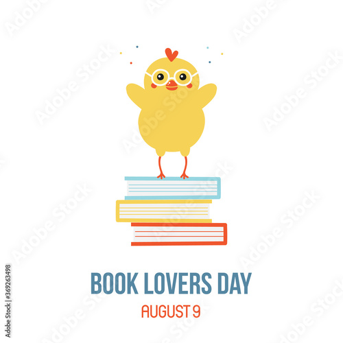 National book lovers day vector card, illustration with cute chicken character stands on a pile of books.