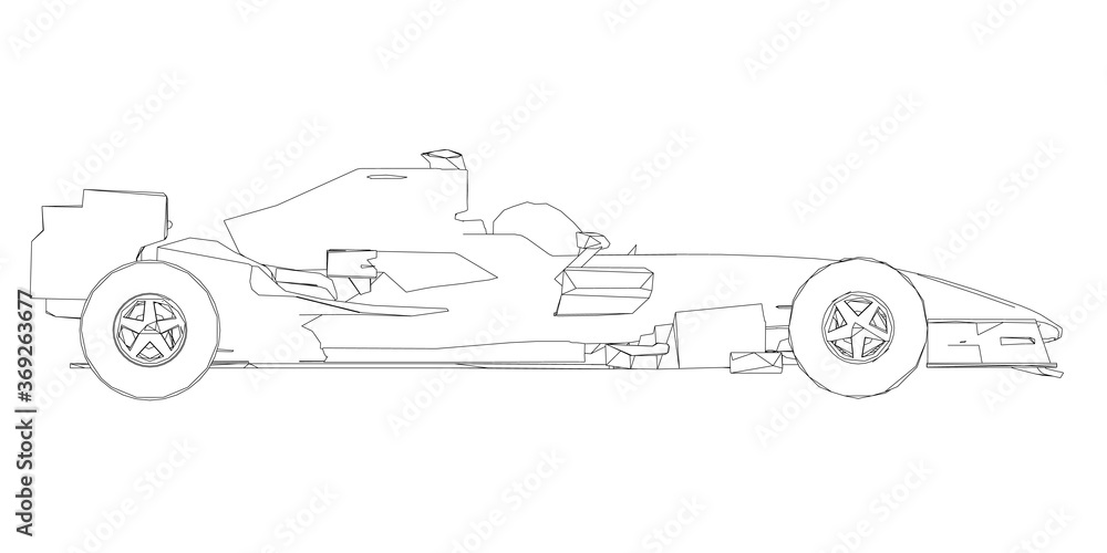 Contour racing car from black lines on a white background. Side view. Vector illustration