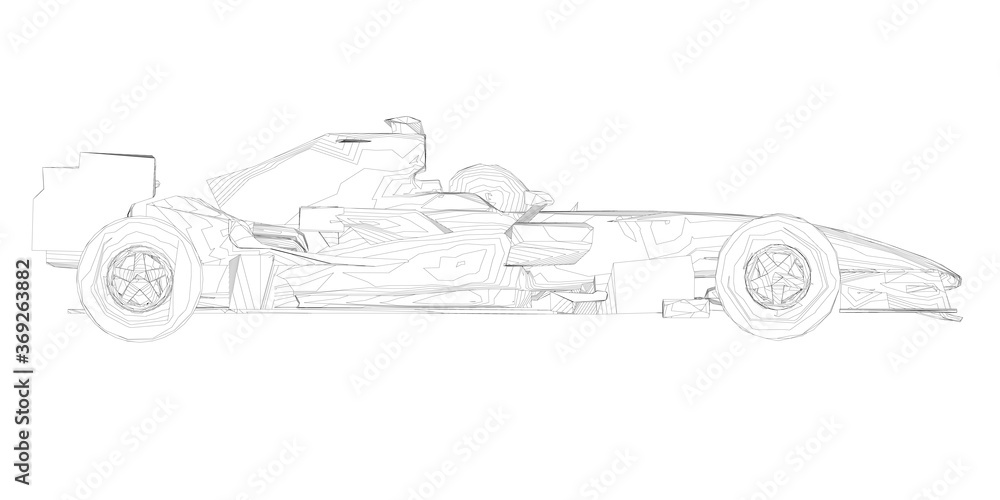 Wireframe racing car from black lines on a white background. Side view. 3D. Vector illustration