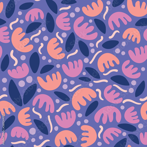 Abstract floral with dots and wiggly lines. Great for home decor, wrapping, fashion, scrapbooking, wallpaper, gift, kids, apparel.