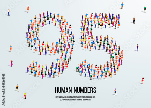 large group of people form to create number 95 or ninety five. people font or number. vector illustration of number 95.