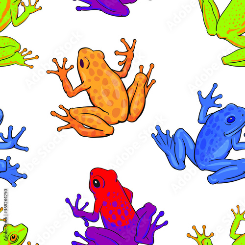 Hand drawn vector of seamless pattern with colorful tree frogs isolated on white background. Original stock illustration of amphibian.