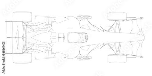Contour racing car from black lines on a white background. View from above. Vector illustration