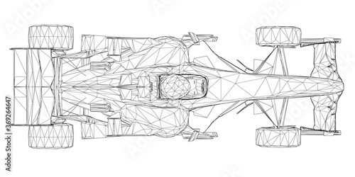 Wireframe racing car from black lines on a white background. View from above. 3D. Vector illustration