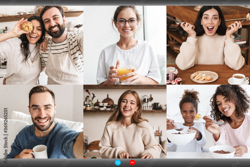 Screenshot of happy multinational people making online conference call Screenshot of happy multinational people making online conference call