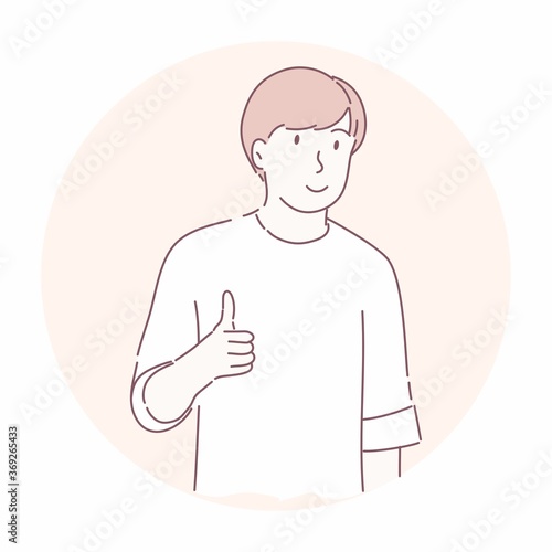 Happy man doing gestures with thumbs up. Very good, success concept. Hand drawn character style vector.