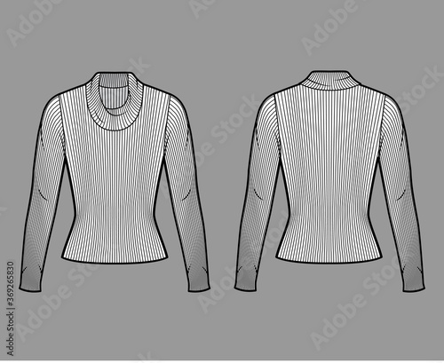 Ribbed cowl turtleneck knit sweater technical fashion illustration with long sleeves, close-fitting shape. Flat sweater apparel template front, back white color. Women, men unisex shirt top CAD mockup