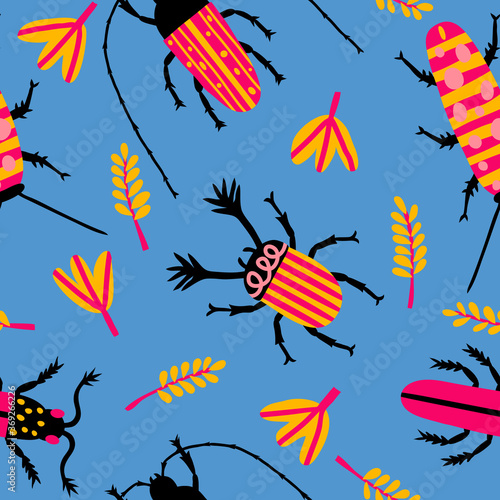 Fun seamless pattern with multicolored beetles and leaves on blue background. Cute garden concept. Hand drawn print design for textile, wallpaper, fabric. Doodle drawing. Stock vector illustration.