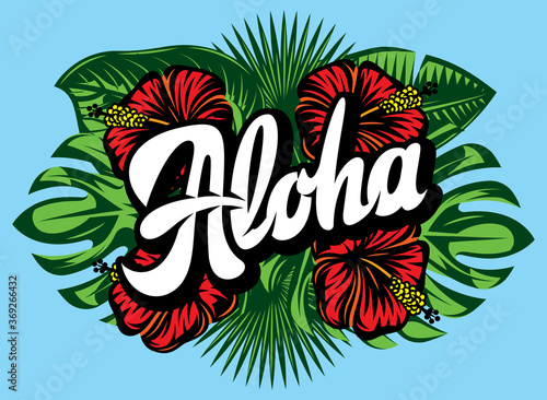 Vector illustration with Aloha lettering, palm leaves and hibiscus