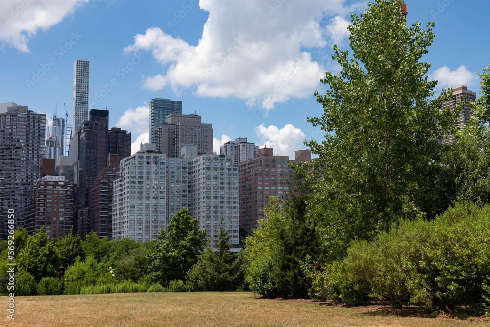Green Grass Field at Southpoint Park with the Midtown Manhattan Skyline on Roosevelt Island during Summer in New York City