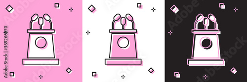 Set Stage stand or debate podium rostrum icon isolated on pink and white, black background. Conference speech tribune. Vector Illustration.