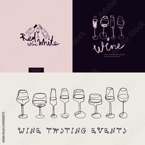 Vector wine emblems for restaurant logo design, bar sign, local wine events with wine glass icons in trendy line style. Winehouse symbol and winery insignia. Logotype and graphics for label, packaging
