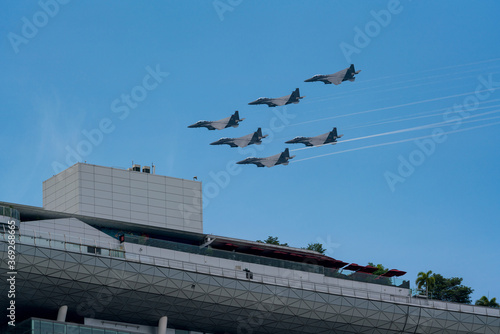 Photography RSAF F-15SG fighter jets formation flyby for National Day Parade at Singapore