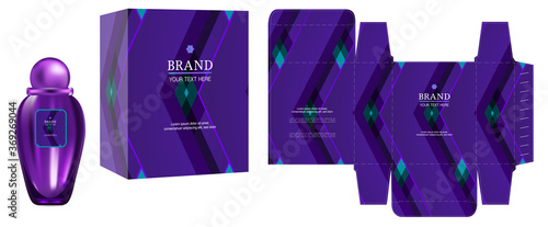Packaging design, Label on perfume or cosmetic container with purple luxury box template and mockup box, illustration vector.	